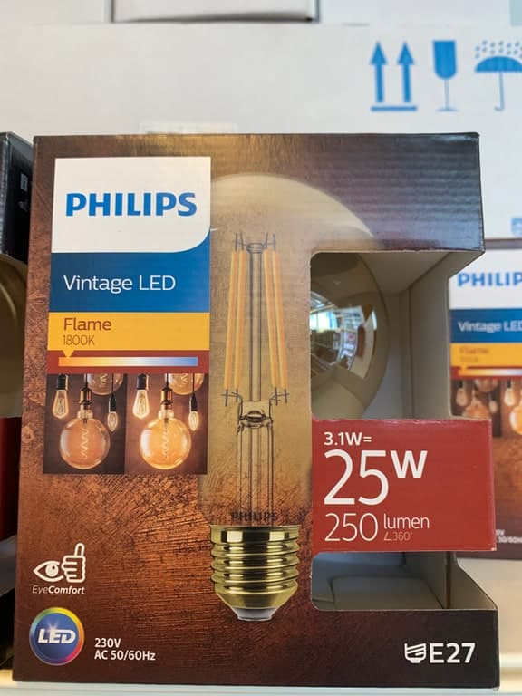 Philips Vintage LED Flame E27 Filament 3.1W (25W) 1800K Gold 250lm Globe