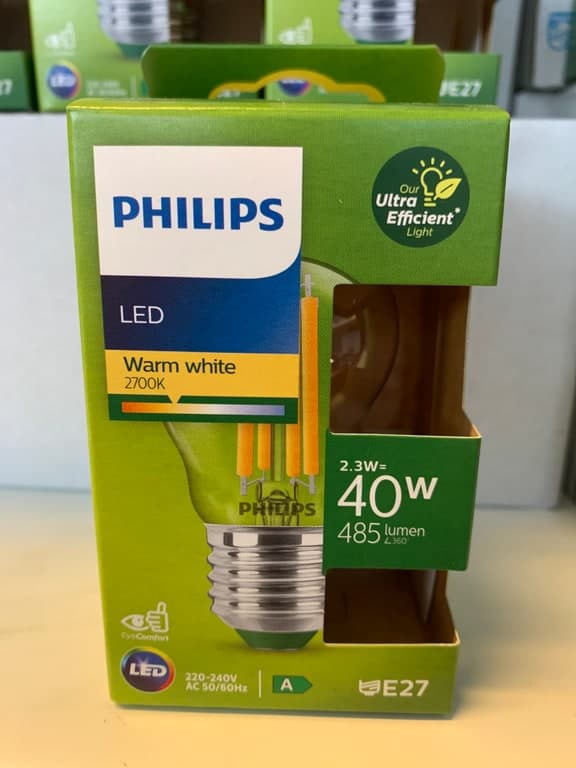 Philips Ultra Efficient LED E27 Filament 2.3W (40W) 2700K Warmweiß 485lm Klasse A