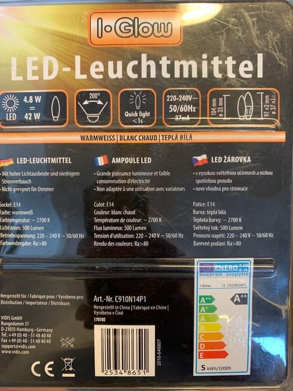 I-Glow LED-Leuchtmittel E14 Kerze 4.8W (40W+) 2700K Warmweiß 500lm A++ matt – Bild 2