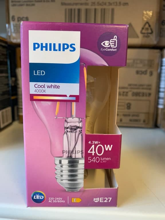 Philips LED E27 Filament 4.3W (40W) 4000K Cool White 540lm klare Glühbirnenform – Bild 1