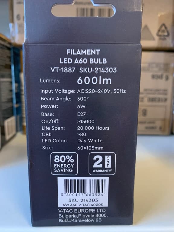 V-TAC LED Filament A60 E27 6W (45W) 4000K Day White 600lm 300° Beam – Bild 2