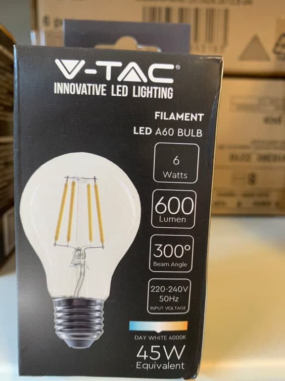 V-TAC LED Filament A60 E27 6W (45W) 4000K Day White 600lm 300° Beam – Bild 1