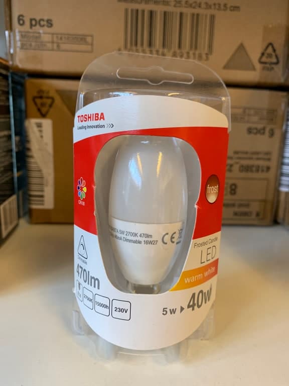 Toshiba Frosted Candle LED E14 5W (40W) 2700K Warmweiß 470lm dimmbar 16W27 CRI80 – Bild 1