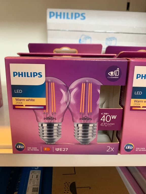 Philips LED E27 Filament 4.3W (40W) 2700K Warmweiß 470lm 2er-Pack klare Glühbirnenform – Bild 1