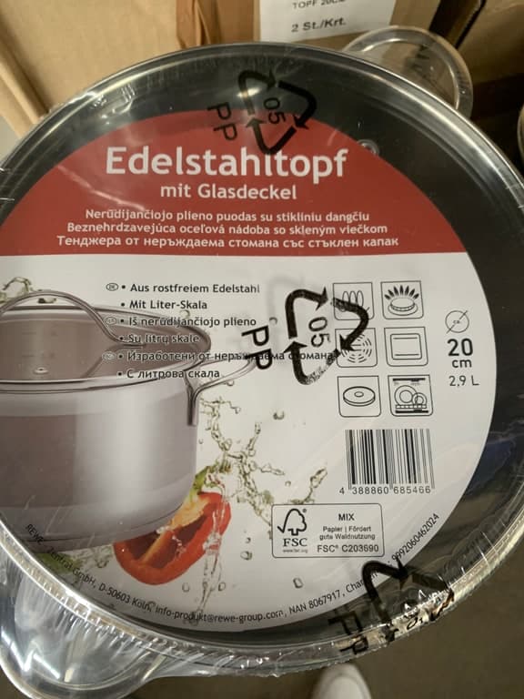 REWE Edelstahltopf mit Glasdeckel 20cm 2,9L induktionsgeeignet mit Liter-Skala