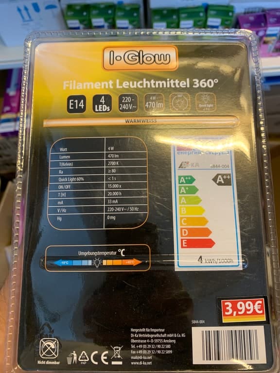 I-Glow Filament Leuchtmittel E14 4W (40W) 2700K Warmweiß 470lm 360° LED-Kerze – Bild 2