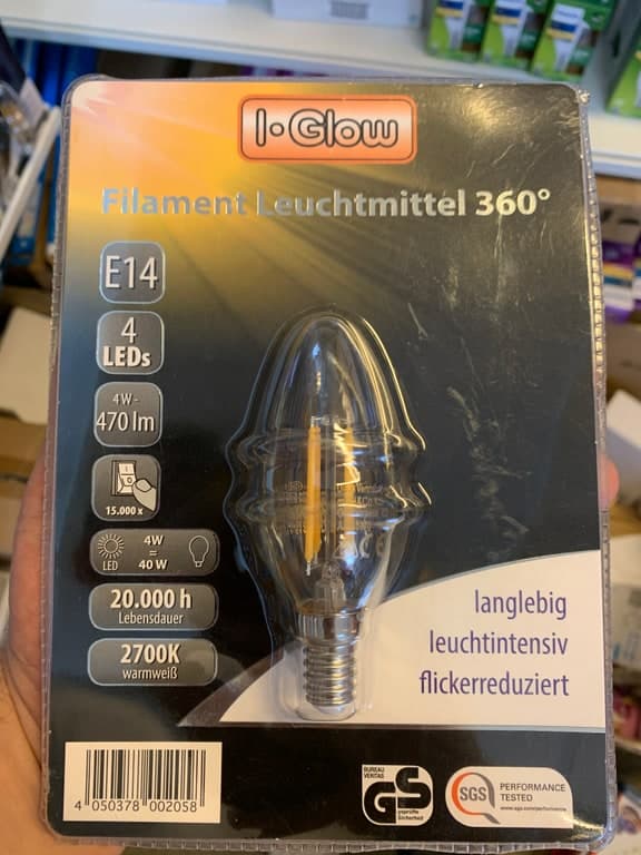 I-Glow Filament Leuchtmittel E14 4W (40W) 2700K Warmweiß 470lm 360° LED-Kerze – Bild 1